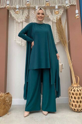 Chiffon Ruffle Look Abaya Trio Set 8411 Emerald - 2