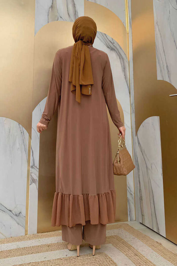 Chiffon-Rüschen-Look-Abaya-Trio-Set 8411 Tabak - 3