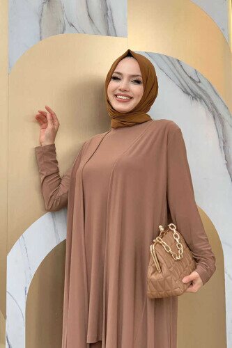 Chiffon-Rüschen-Look-Abaya-Trio-Set 8411 Tabak - 4