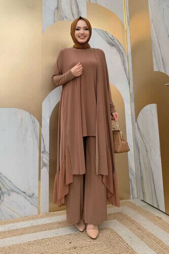 Chiffon Ruffle Look Abaya Trio Set 8411 Tobacco 