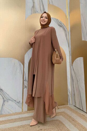 Chiffon Ruffle Look Abaya Trio Set 8411 Tobacco - 2