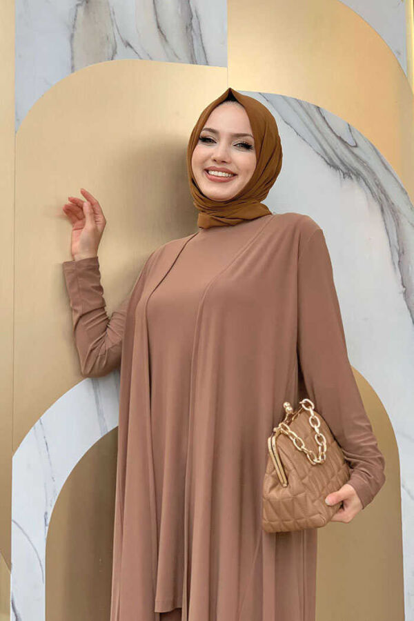 Chiffon Ruffle Look Abaya Trio Set 8411 Tobacco - 4