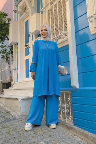 Taş İşleme Detaylı Pantolonlu Tunik Takım 8464 Mavi 