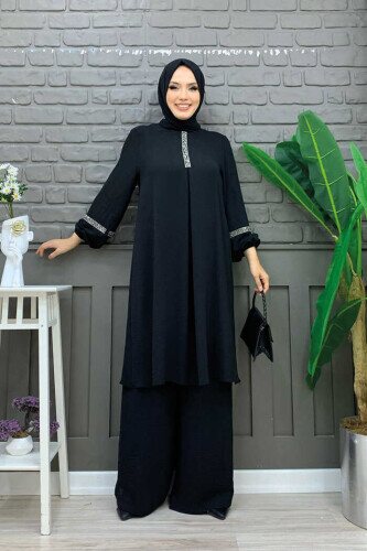 Taş İşleme Detaylı Pantolonlu Tunik Takım 8464 Siyah 