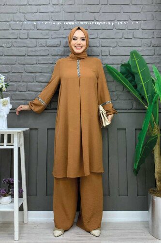 Taş İşleme Detaylı Pantolonlu Tunik Takım 8464 Taba 