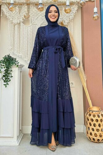 Pulpayet İşlemeli Abaya ve Elbise Takım 8483 Lacivert 