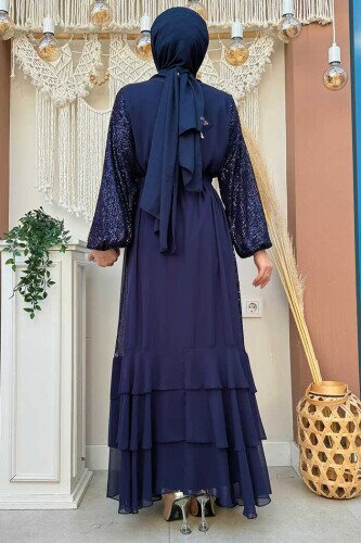 Pulpayet İşlemeli Abaya ve Elbise Takım 8483 Lacivert - 2