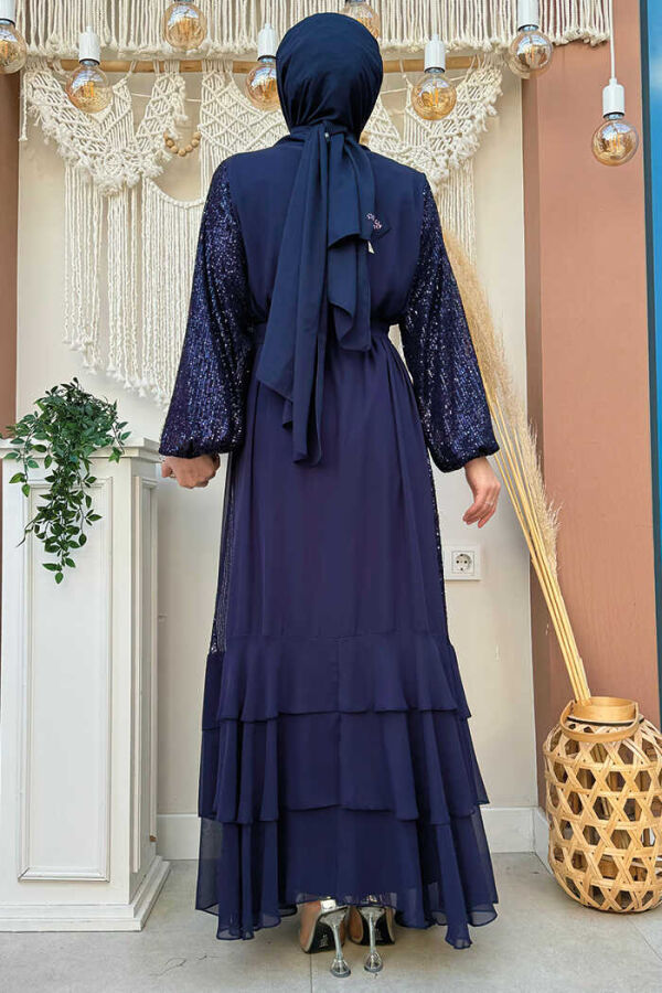 Pulpayet İşlemeli Abaya ve Elbise Takım 8483 Lacivert - 2