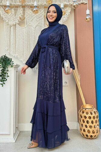 Pulpayet İşlemeli Abaya ve Elbise Takım 8483 Lacivert - 3