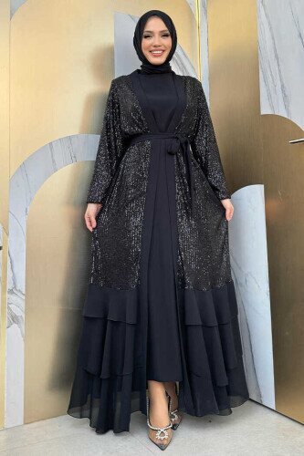 Pulpayet İşlemeli Abaya ve Elbise Takım 8483 Siyah - 1