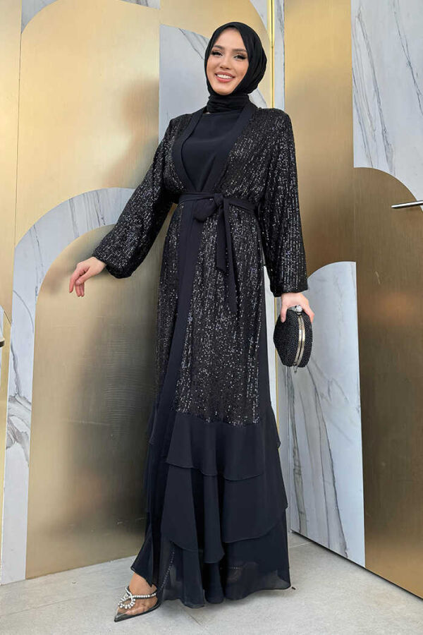 Pulpayet İşlemeli Abaya ve Elbise Takım 8483 Siyah - 3