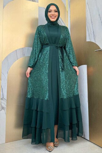 Pulpayet İşlemeli Abaya ve Elbise Takım 8483 Zümrüt 