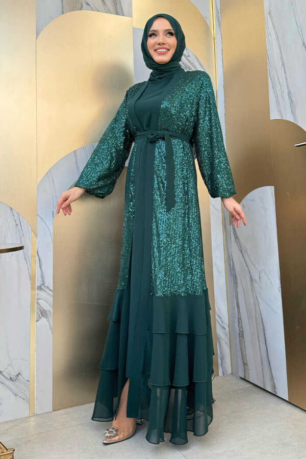 Pulpayet İşlemeli Abaya ve Elbise Takım 8483 Zümrüt - 3