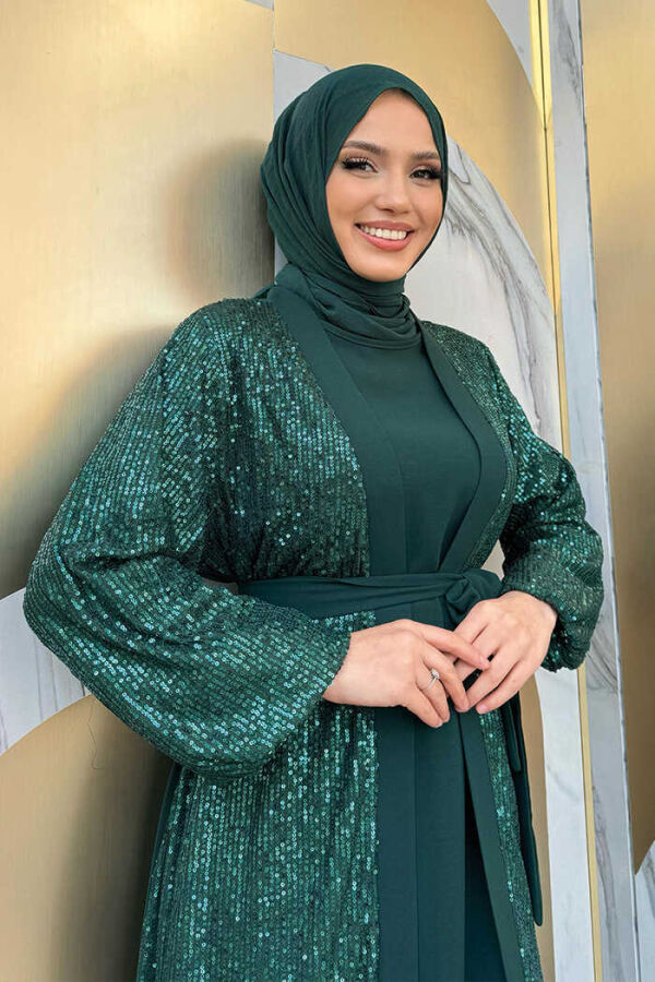 Pulpayet İşlemeli Abaya ve Elbise Takım 8483 Zümrüt - 4