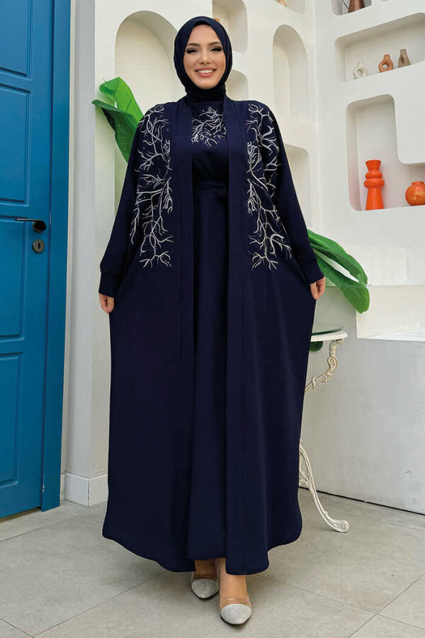 İşleme Detaylı Abaya ve Elbise Takım 8486 Lacivert - 1