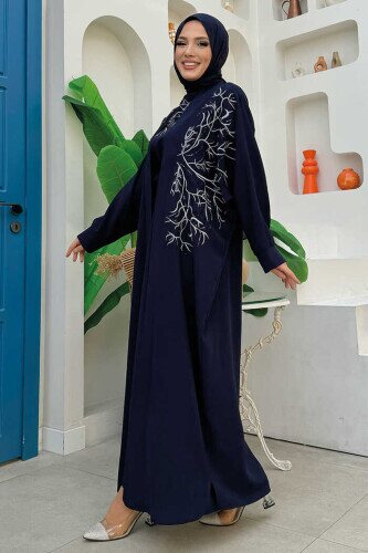 İşleme Detaylı Abaya ve Elbise Takım 8486 Lacivert - 3