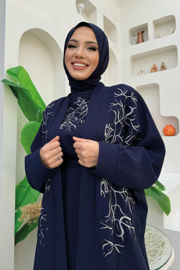 İşleme Detaylı Abaya ve Elbise Takım 8486 Lacivert - 4