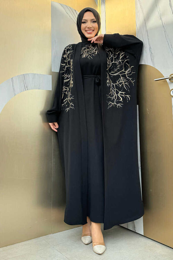 İşleme Detaylı Abaya ve Elbise Takım 8486 Siyah - 1