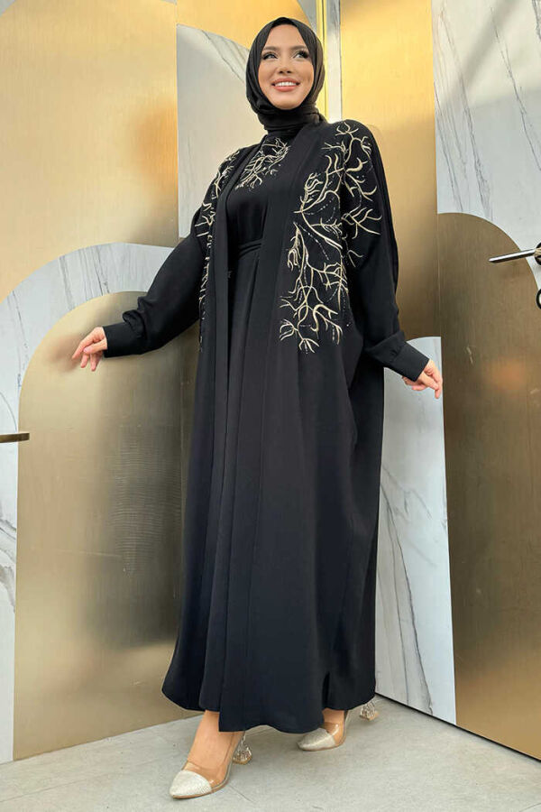 İşleme Detaylı Abaya ve Elbise Takım 8486 Siyah - 3