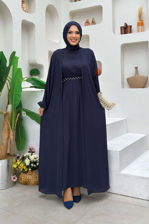 Bel Bilek Kısımları Taşlı Elbiseli Abaya Takım 8490 Lacivert - 1