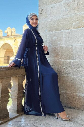 İnci Detaylı Abaya Elbise Takım 8493 Lacivert - 2