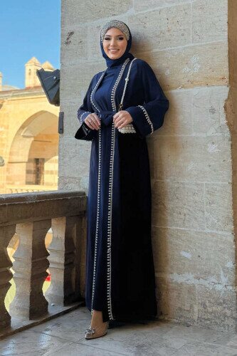 İnci Detaylı Abaya Elbise Takım 8493 Lacivert - 3