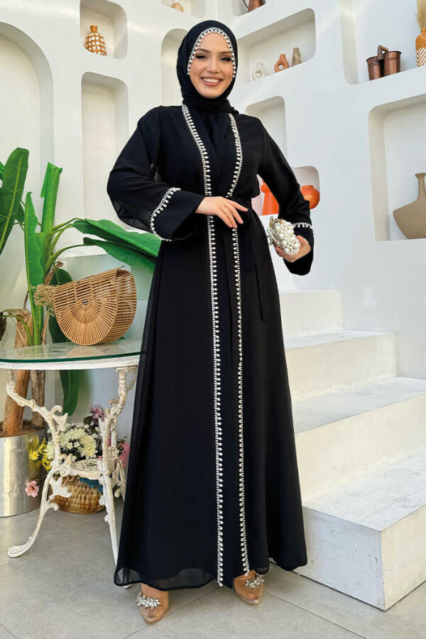 İnci Detaylı Abaya Elbise Takım 8493 Siyah - 1