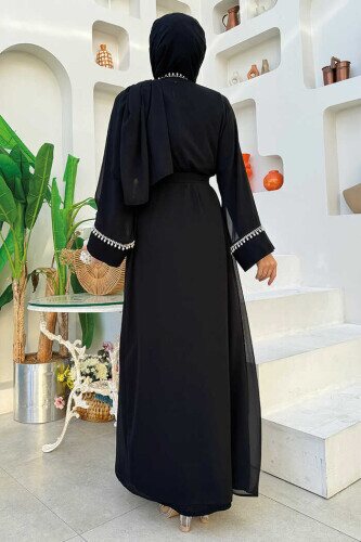 İnci Detaylı Abaya Elbise Takım 8493 Siyah - 2