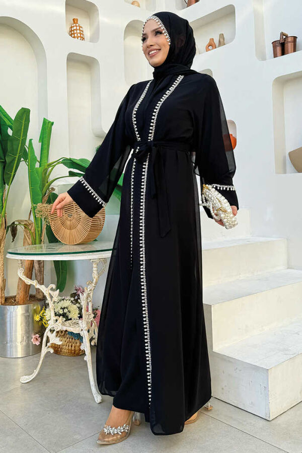 İnci Detaylı Abaya Elbise Takım 8493 Siyah - 3