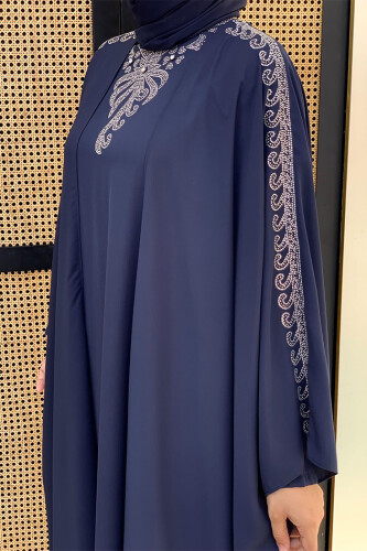 Taş İşlemeli Elbiseli Abaya Takım 8499 Lacivert - 3