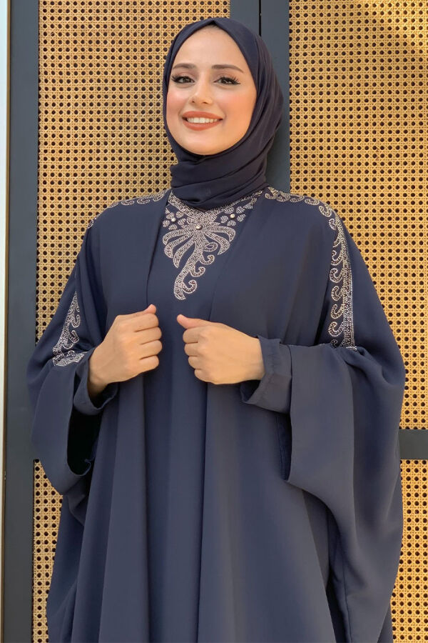 Taş İşlemeli Elbiseli Abaya Takım 8499 Lacivert - 4