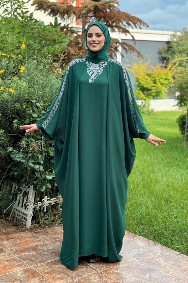 Taş İşlemeli Elbiseli Abaya Takım 8499 Zümrüt - 1