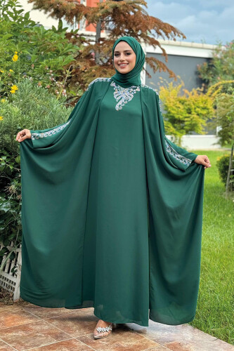 Taş İşlemeli Elbiseli Abaya Takım 8499 Zümrüt - 2