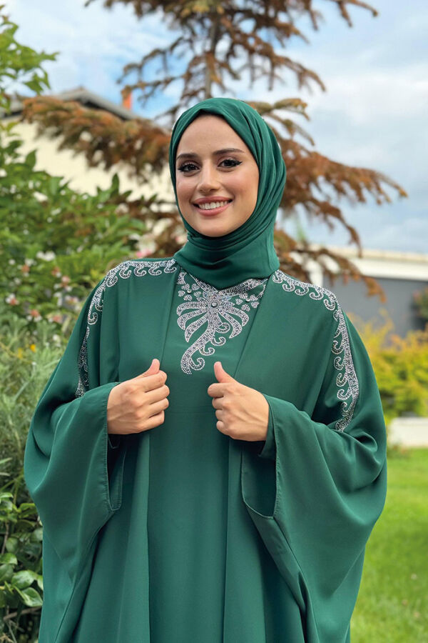 Taş İşlemeli Elbiseli Abaya Takım 8499 Zümrüt - 4