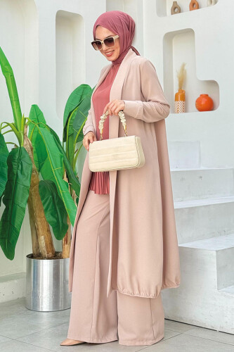 Kimono Bel Lastikli Pantolon Takım 8560 Taş - 2