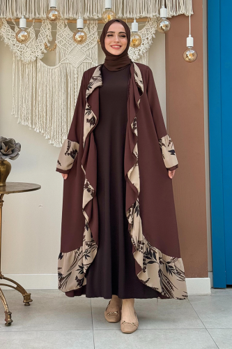 Çiçek Desenli Fırfırlı Abaya 7908 Kahverengi - 1