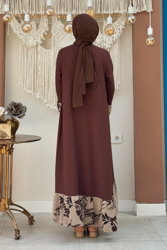 Çiçek Desenli Fırfırlı Abaya 7908 Kahverengi - 2