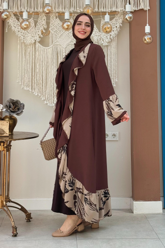 Çiçek Desenli Fırfırlı Abaya 7908 Kahverengi - 3