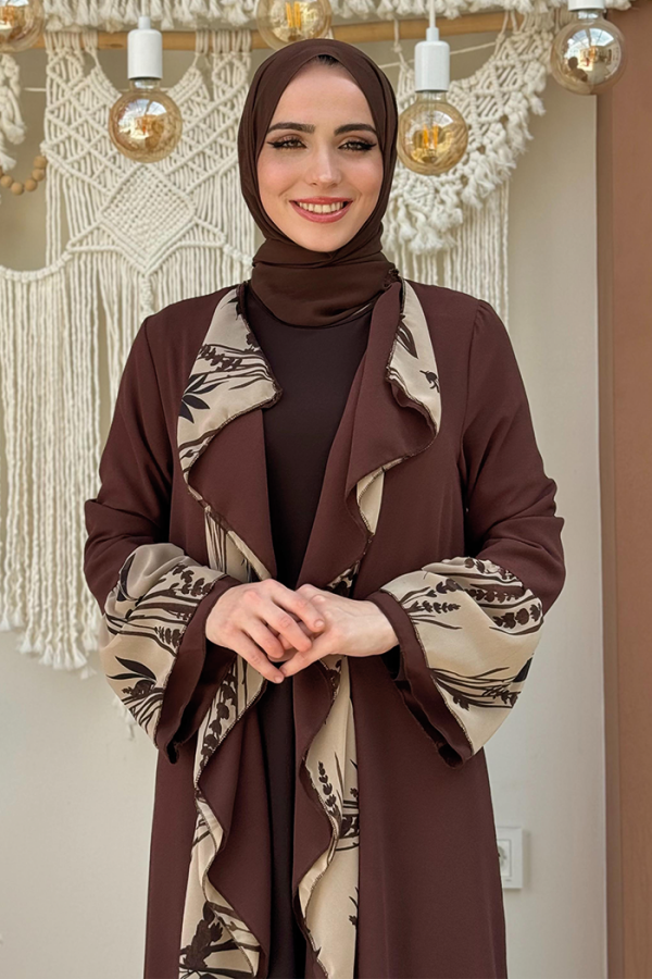 Çiçek Desenli Fırfırlı Abaya 7908 Kahverengi - 4