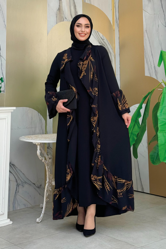 Çiçek Desenli Fırfırlı Abaya 7908 Siyah - 1