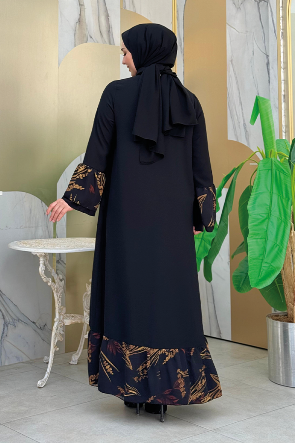 Çiçek Desenli Fırfırlı Abaya 7908 Siyah - 2