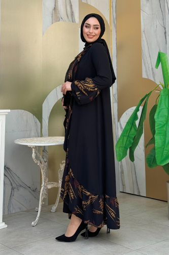 Çiçek Desenli Fırfırlı Abaya 7908 Siyah - 3