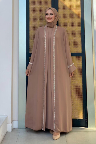 İnci Detaylı Abaya Elbise Takım 8493 Vizon 