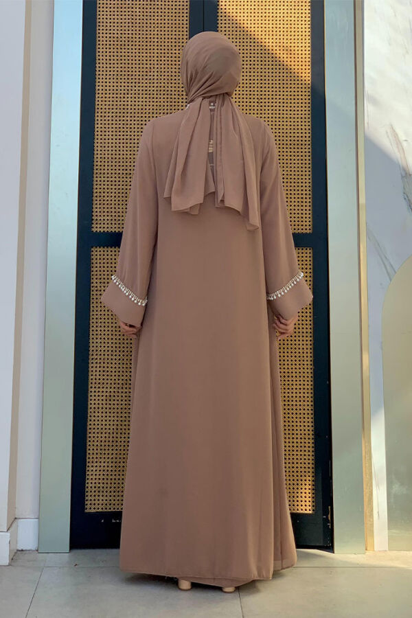 İnci Detaylı Abaya Elbise Takım 8493 Vizon - 2