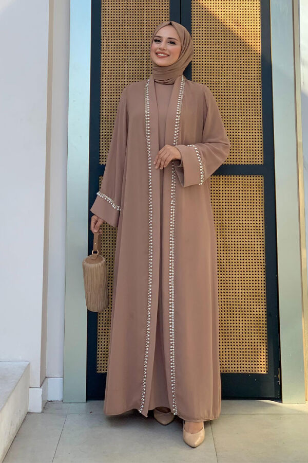 İnci Detaylı Abaya Elbise Takım 8493 Vizon - 3