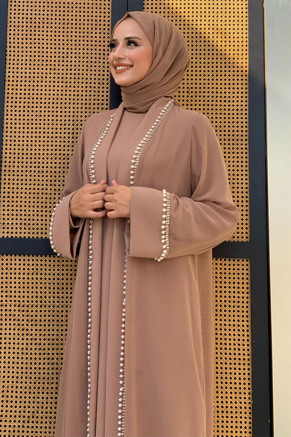 İnci Detaylı Abaya Elbise Takım 8493 Vizon - 4