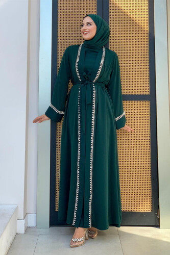 İnci Detaylı Abaya Elbise Takım 8493 Zümrüt 