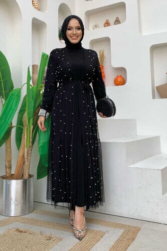 İncili Abaya Ve Elbise Takım 8491 Siyah - 1