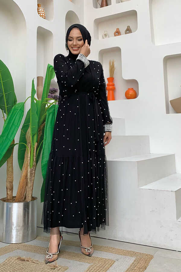 İncili Abaya Ve Elbise Takım 8491 Siyah - 2