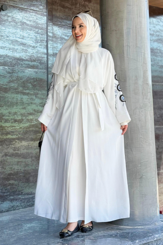 Nakış İşleme Detaylı Bel Kuşaklı Abaya 7898 Ekru 